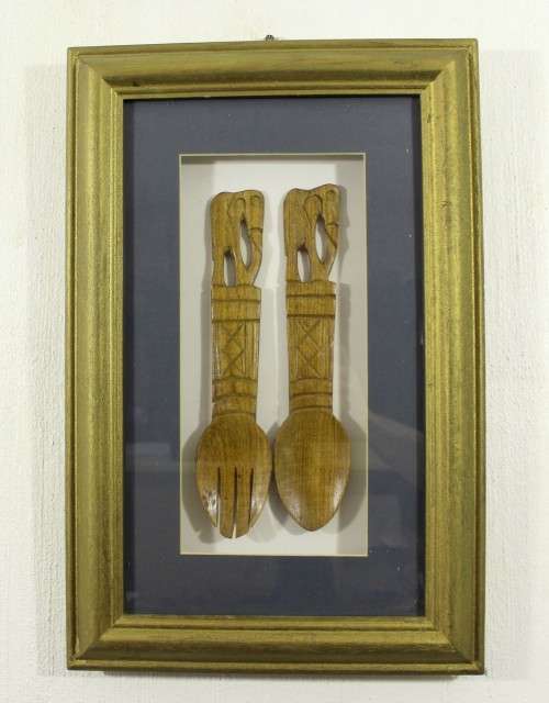 Framed wooden spoon and fork set