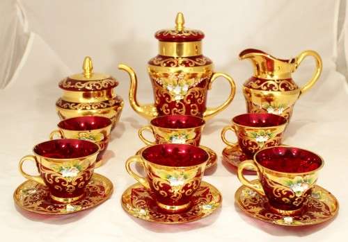 Venetian style coffee set!! - Beautiful in red - A rare magnificent set! - Low price!! - Bid Now!!!