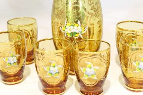 Venetian style decanter set!! Yellow with 6 shot glasses