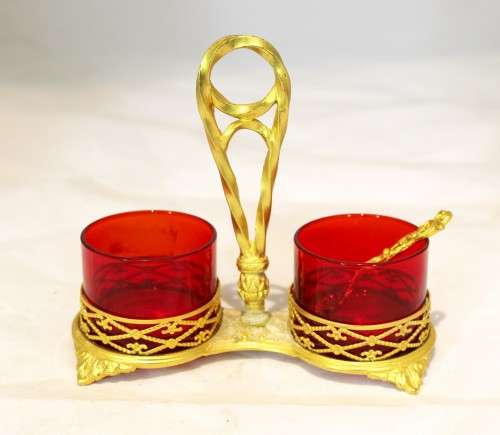 Red salts set - pair of salts in gilded stand
