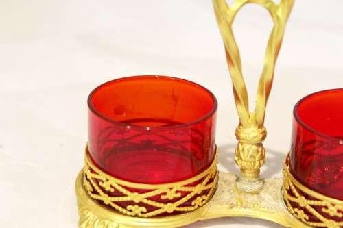 Red salts set - pair of salts in gilded stand
