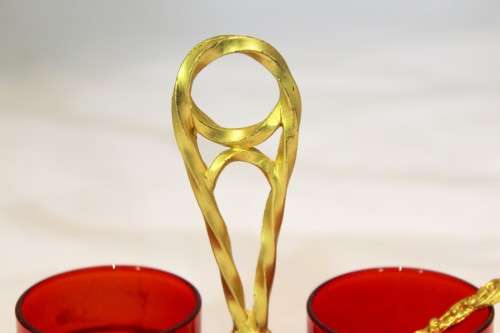 Red salts set - pair of salts in gilded stand