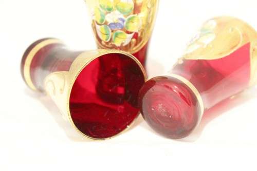 Venetian style - Red shooter glasses - A beautiful 3 piece set! - Low price!! - Bid Now!