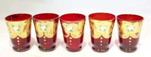 Venetian style - Red shooter glasses - A beautiful 5 piece set! - Low price!! - Bid Now!