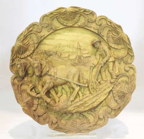 Carved wall hanging - European scene - ploughing