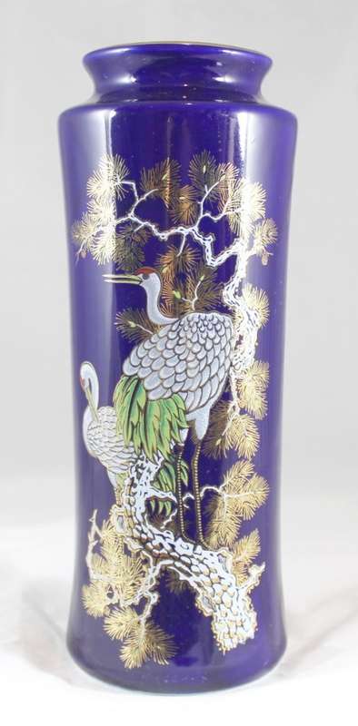 Japanese - imperial blue - cylindrical vase with bird motif
