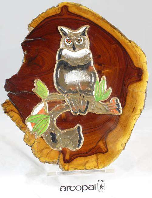 Cloisonne original owl ornament - Brass on wood