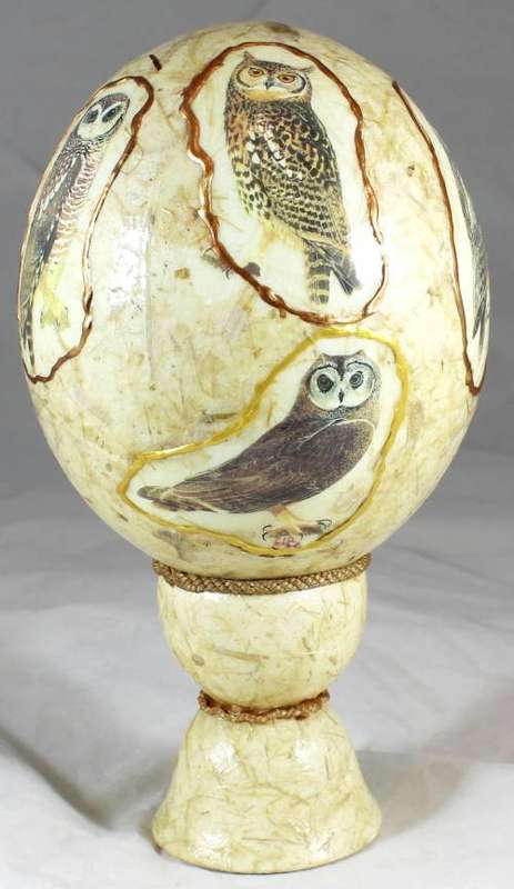 Decorated ostrich egg - Owl designs