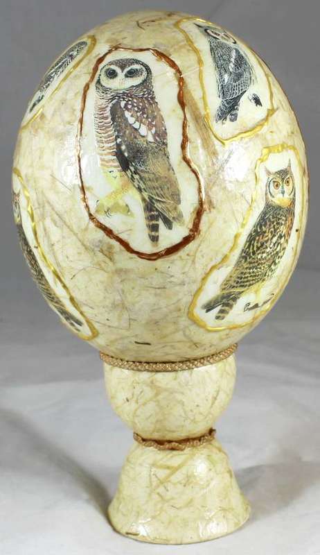 Decorated ostrich egg - Owl designs