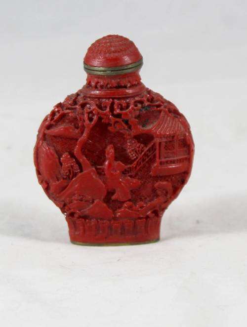Snuff Bottle - Carved Red - Bid Now!!!