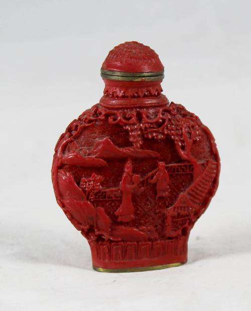 Snuff Bottle - Carved Red - Bid Now!!!