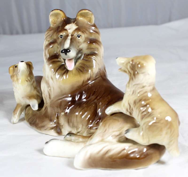Large collie with playing puppies