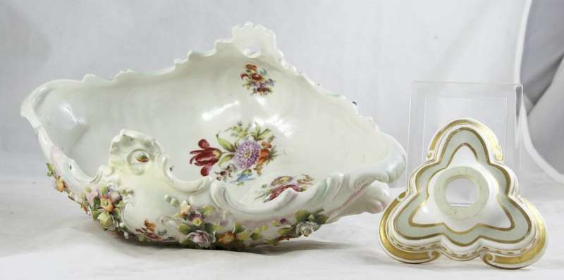 Very old center piece on stand - embossed flowers