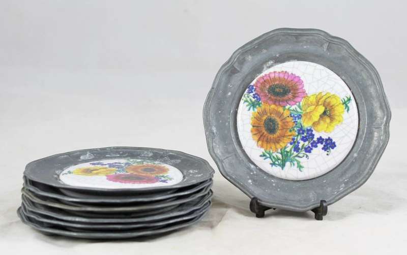 German - metal & porcelain coasters - set of seven