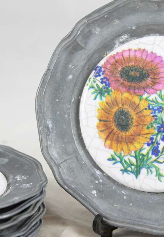German - metal & porcelain coasters - set of seven