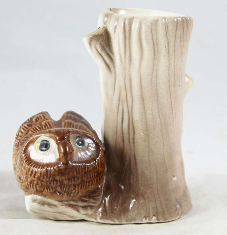 Baby owl next to tree pen holder