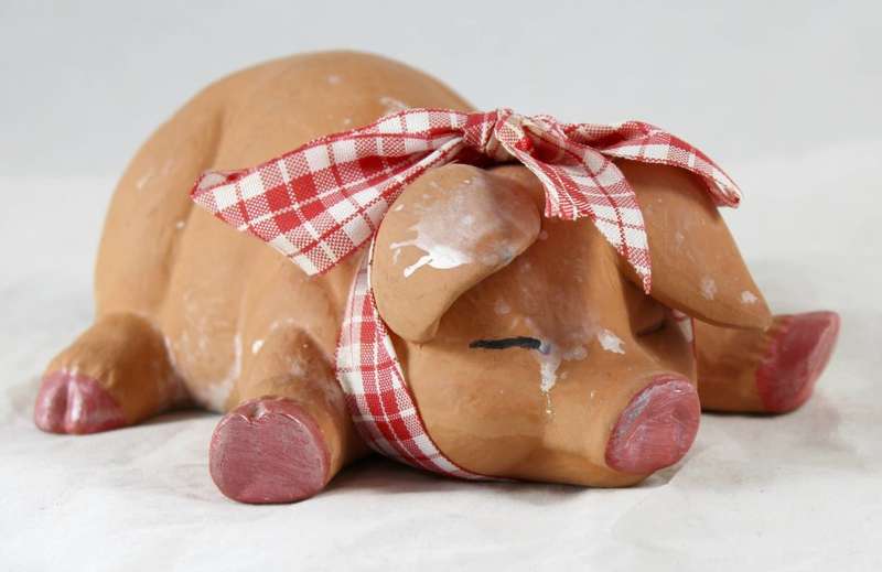 Sleeping pig with red & white bow