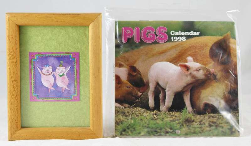 Framed pig picture and small 1998 pig calendar