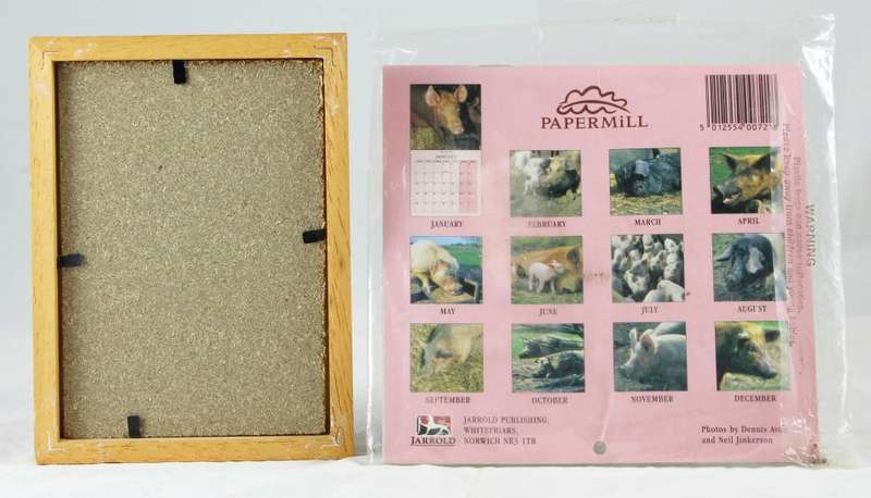 Framed pig picture and small 1998 pig calendar