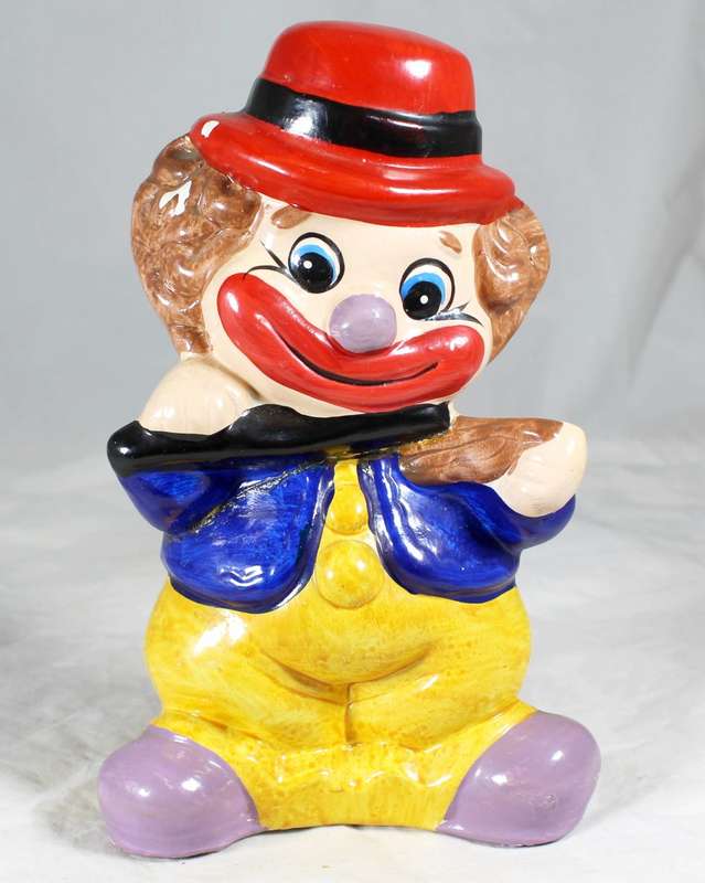 Clown money box - yellow & blue with red hat
