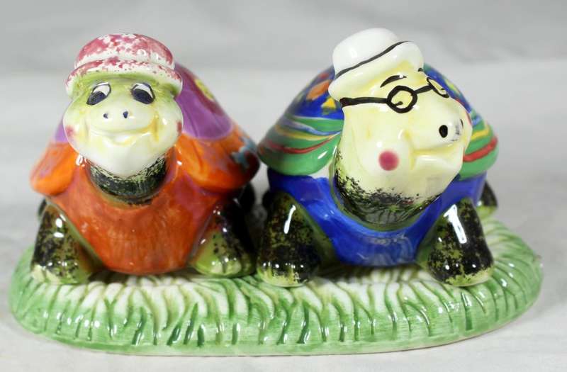 Character salt & pepper set - funky tortoise on stand