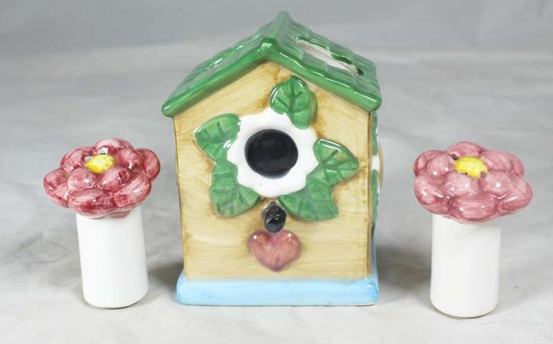 Character Salt & Pepper Set - Bird House with Flowers - Beautiful!