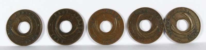 British East Africa 1c King George V coins - Set of 5 (1922/3/4/8 & 1930)