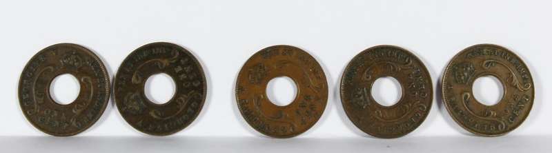 British East Africa 1c King George V coins - Set of 5 (1922/3/4/8 & 1930)