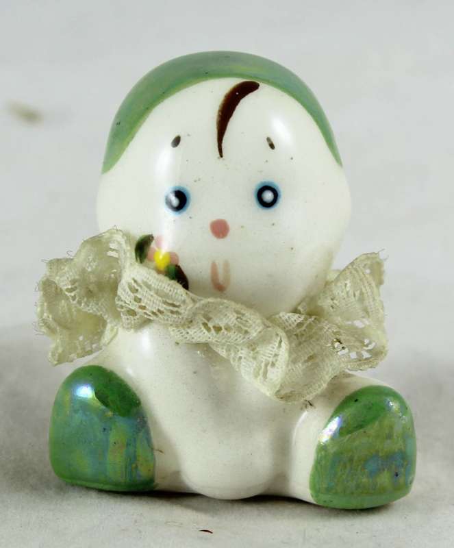 Small Porcelain Baby with Lace Collar - Dark Green Head - Gorgeous!
