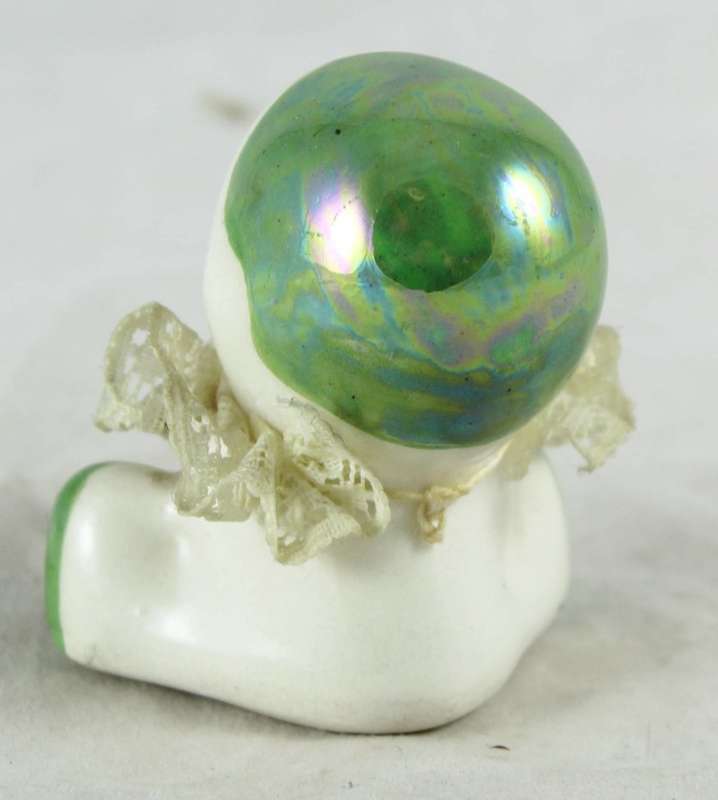 Small Porcelain Baby with Lace Collar - Dark Green Head - Gorgeous!