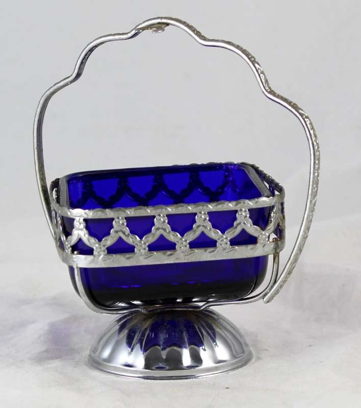 Basket with Blue Glass Insert - Silver Plated Tin - Beautiful!