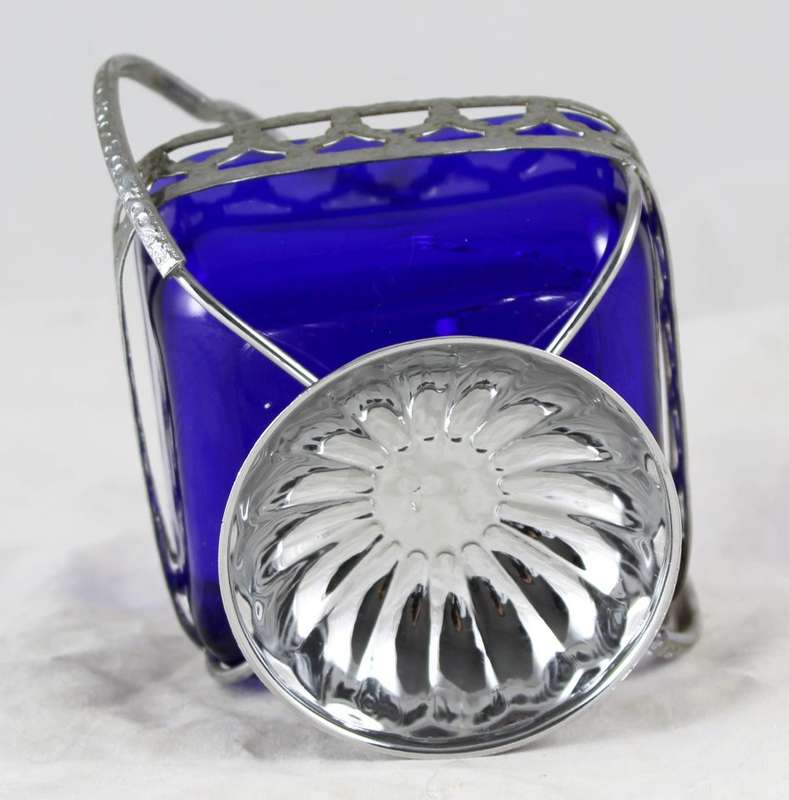 Basket with Blue Glass Insert - Silver Plated Tin - Beautiful!