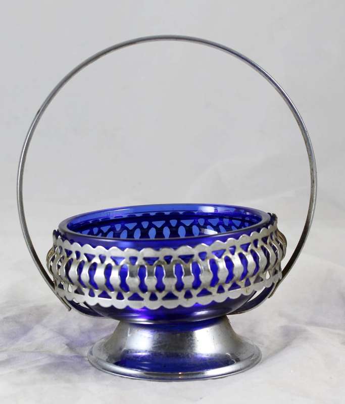 Basket with Blue Glass Insert - Silver Plated Tin - Beautiful!