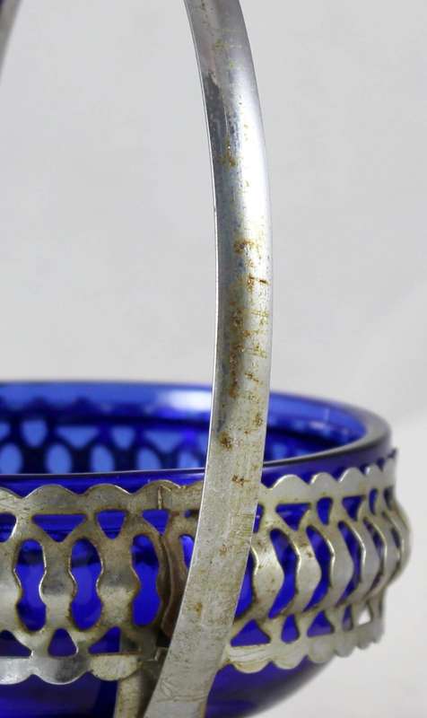 Basket with Blue Glass Insert - Silver Plated Tin - Beautiful!
