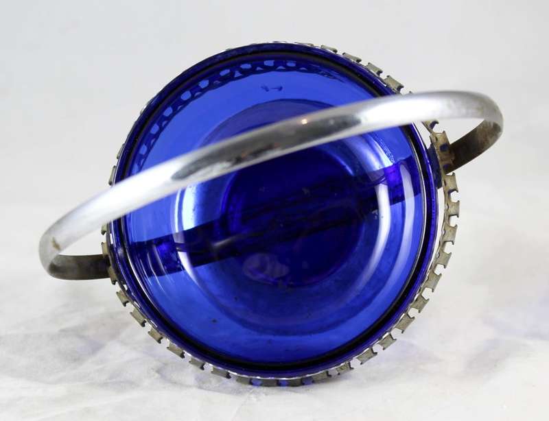 Basket with Blue Glass Insert - Silver Plated Tin - Beautiful!