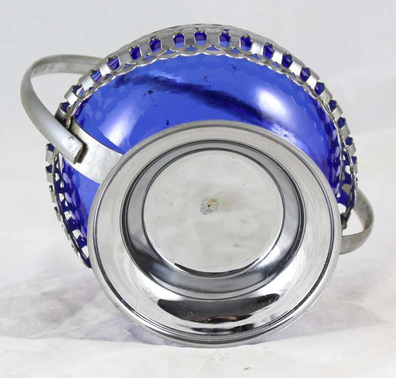 Basket with Blue Glass Insert - Silver Plated Tin - Beautiful!