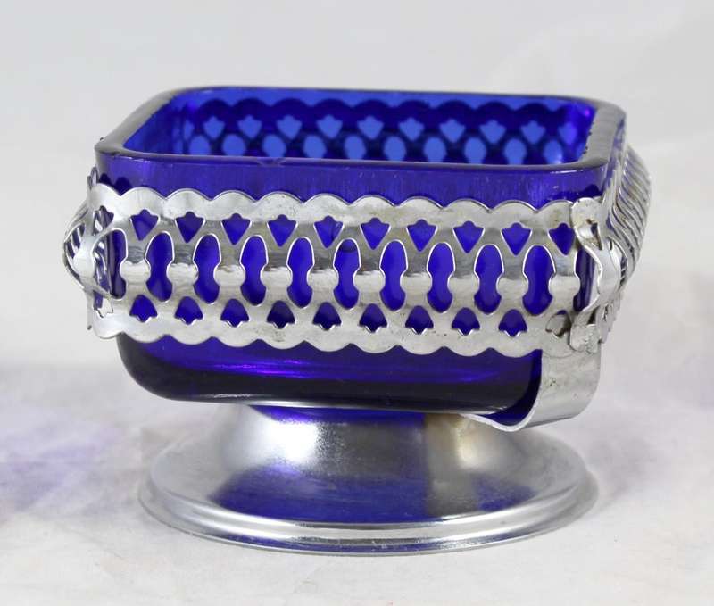 Sweet Bowl with Blue Glass Insert - Silver Plated Tin - Beautiful!