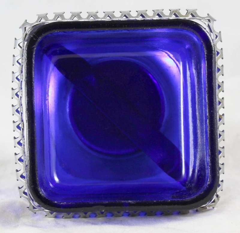 Sweet Bowl with Blue Glass Insert - Silver Plated Tin - Beautiful!