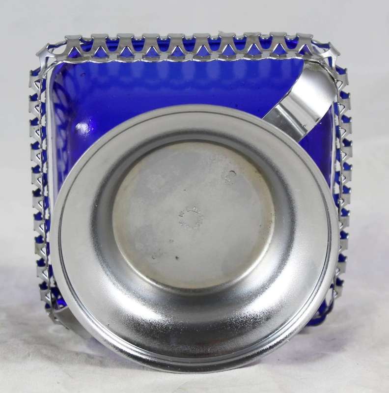 Sweet Bowl with Blue Glass Insert - Silver Plated Tin - Beautiful!