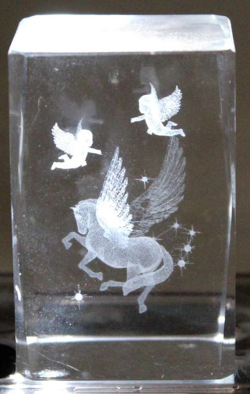 Flying Pegasus with cherubs - lazer etched