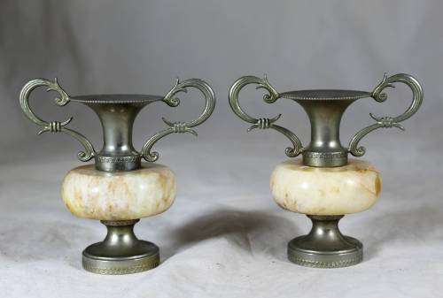 Pair of small marble and silver plated vases