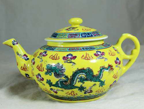 Chinese Yellow with Green Jingdenzhen Dragon Teapot - Bid Now!!