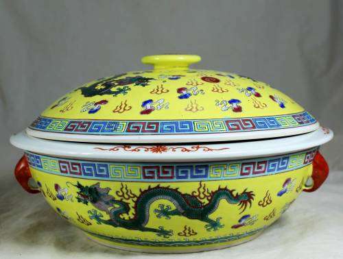 Chinese Yellow with Green Jingdenzhen Dragon Tureen Bowl - Bid Now!!