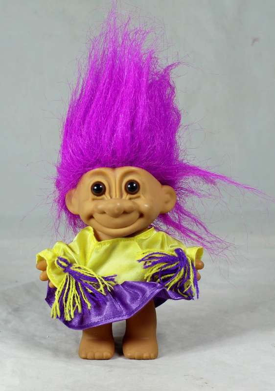 RUSS TROLL DOLL MADE IN CHINA - CHEERLEADER IN PURPLE AND YELLOW - BID NOW!!!!