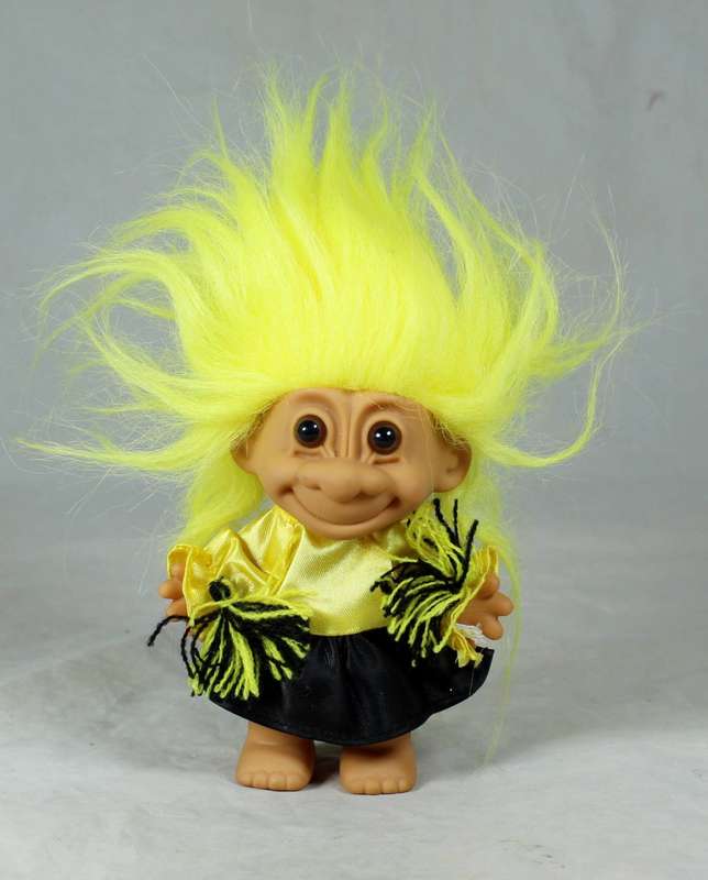 RUSS TROLL DOLL MADE IN CHINA - CHEERLEADER IN BLACK  AND YELLOW - BID NOW!!!!