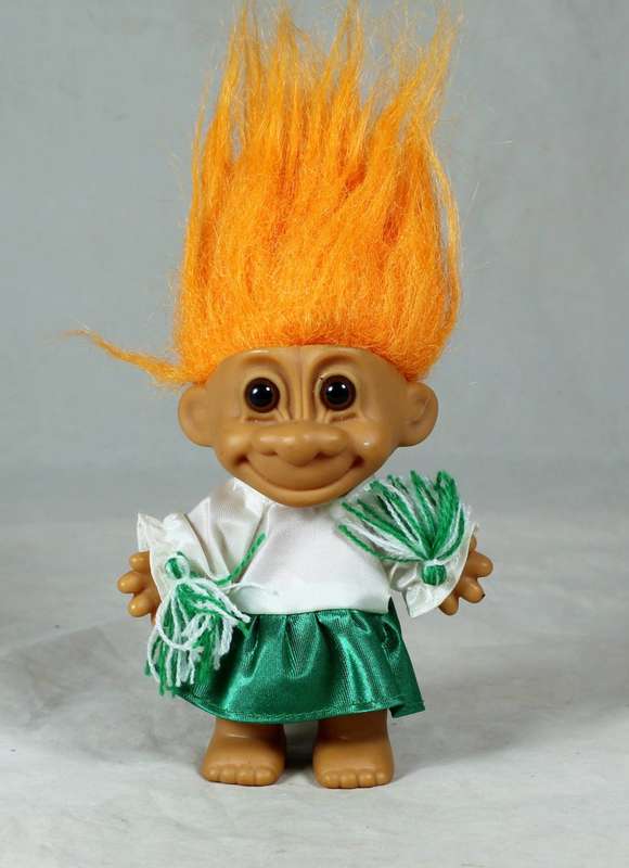 RUSS TROLL DOLL MADE IN CHINA - CHEERLEADER IN GREEN AND WHITE - BID NOW!!!!
