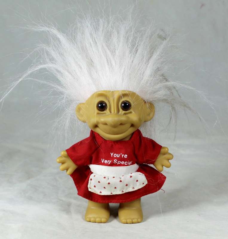 A RUSS TROLL DOLL  WITH A `YOUR`E VERY SPECIAL` RED DRESS - BID NOW!!!!