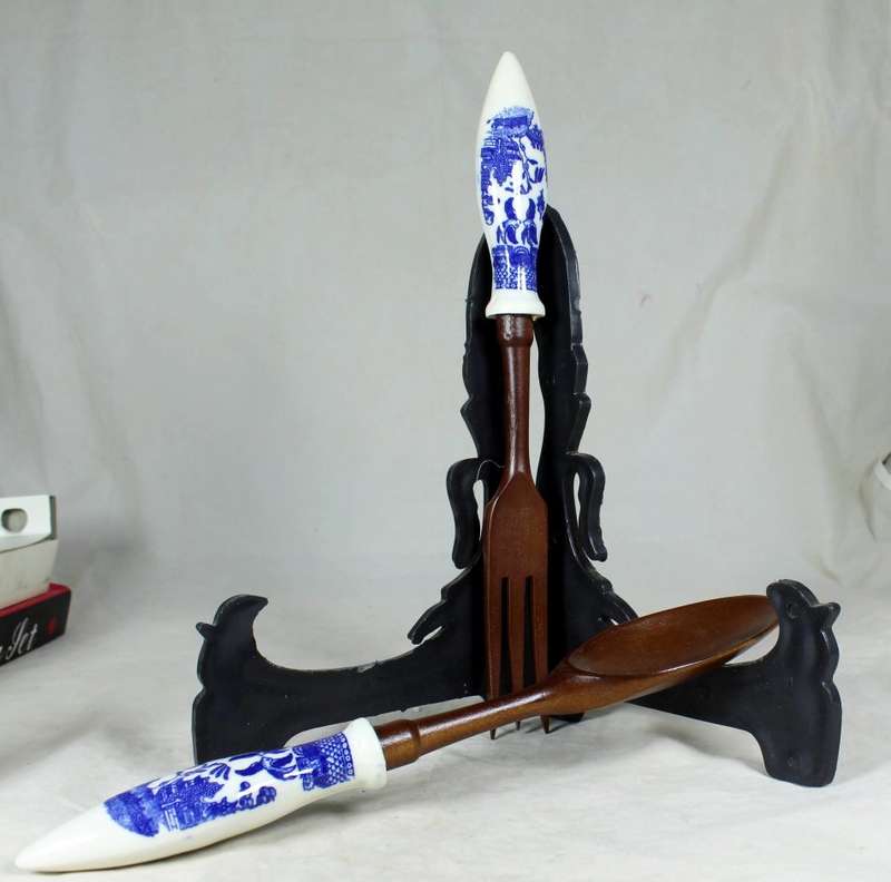 blue & white porcelain spoon & fork set including a salt & pepper set