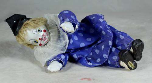 SITTING CLOWN IN A BLUE POLKA DOT OUTFIT - BID NOW!!