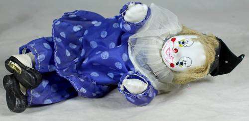 SITTING CLOWN IN A BLUE POLKA DOT OUTFIT - BID NOW!!